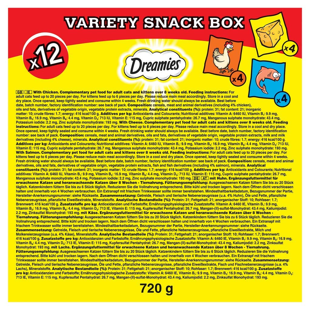 DREAMIES - Cat Treats - 12 x 60g - Multipack Biscuits - Variety Snack Box - 12 Pouches