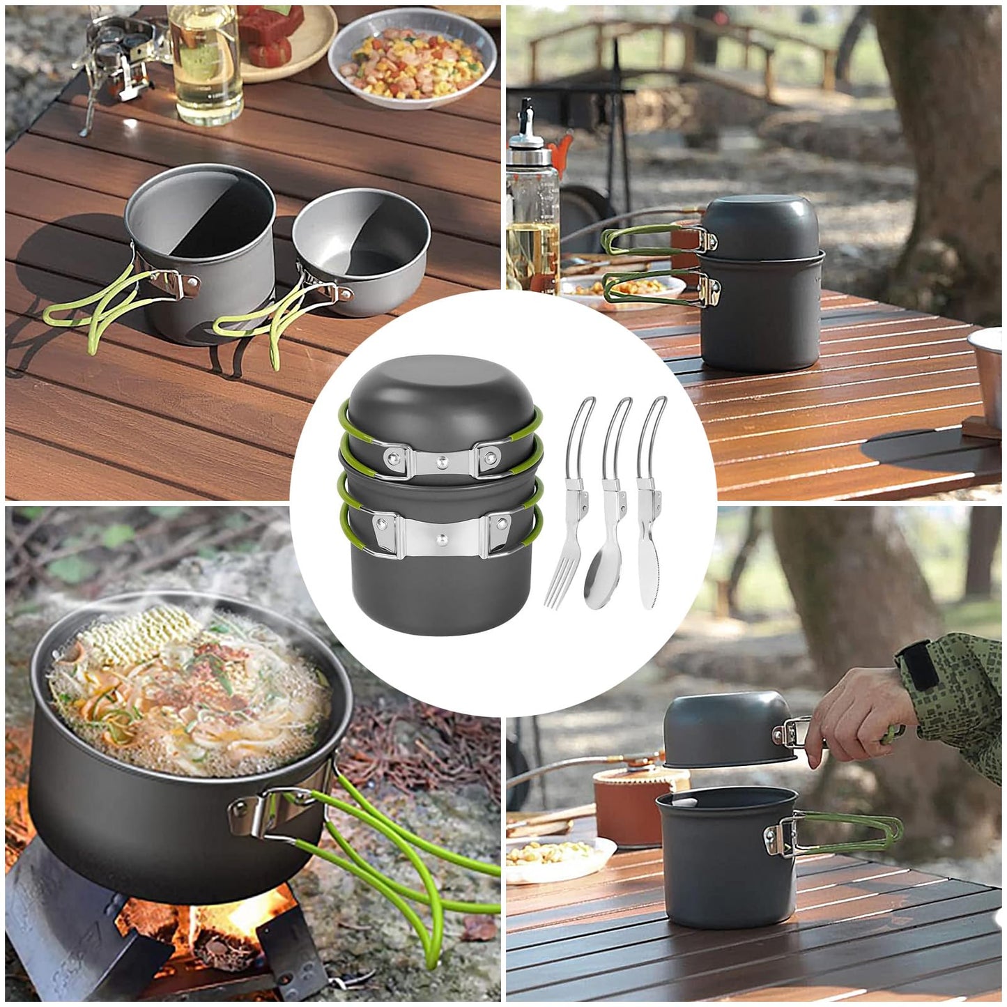 Camping Cookware Mess Kit Backpacking Pot Gear Camping Cooking Pots and Pans Set Camp Kitchen Equipment Accessories Green One Size