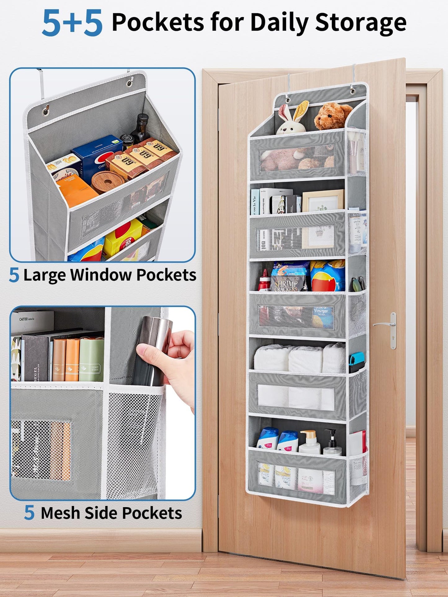 HurLuksi Over The Door Organiser Storage, 5 Shelves Hanging Door Organiser with Capacity Pockets, Anti Tilt 44 lb Load Behind Door Organiser for Bedroom, Bathroom, Pantry, Nursery