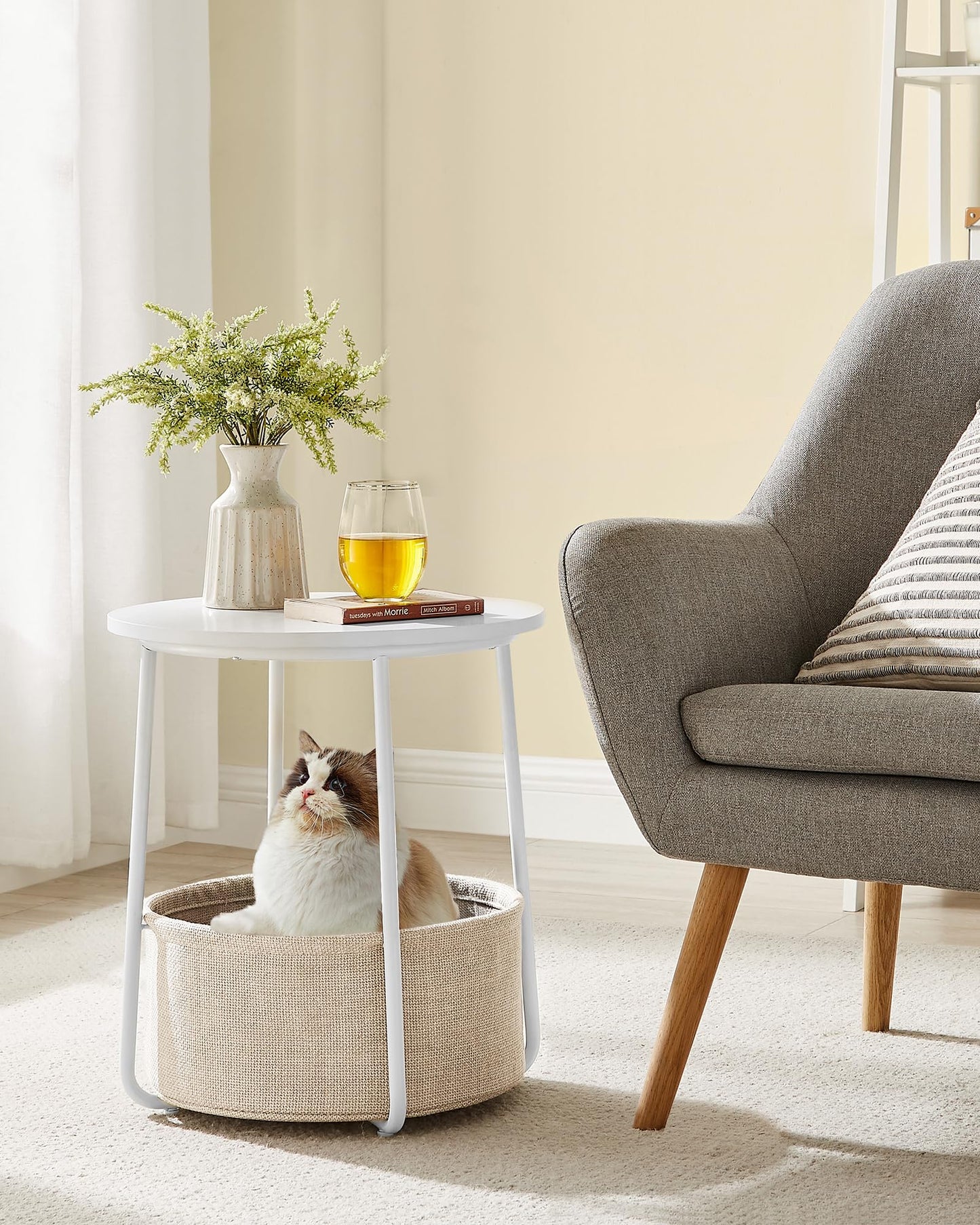 VASAGLE Side Table, Round End Table with Fabric Basket, Spacious, for Living Room Bedroom, Bedside Table, Modern Style, White and Beige LET223W10