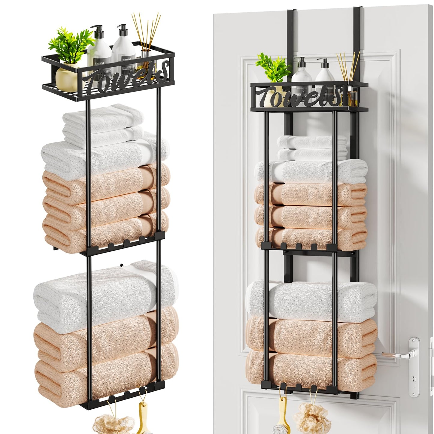 HapiRm Over Door Towel Rack - 3 Tier Towel Rack Wall Mounted with Metal Shelf Basket and 6 Hooks, Space-Saving Bathroom Towel Holder, Bathroom Towel Storage for Small Bathroom Storage & Organisation