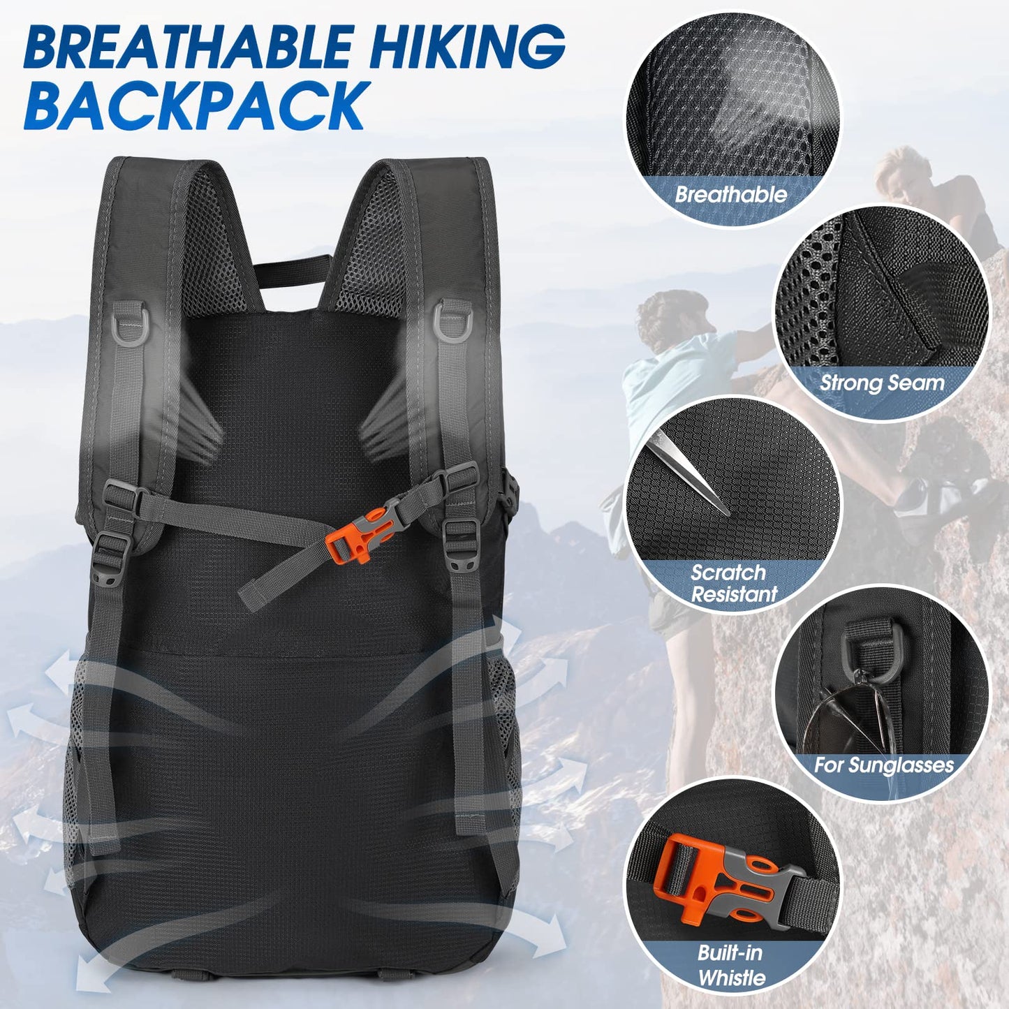 IGOLUMON Hiking Backpack 40L Lightweight Foldable Backpack for Men Women Water Resistant Daypack Rucksack for Camping Cycling Climbing Walking Outdoor Sports,Black