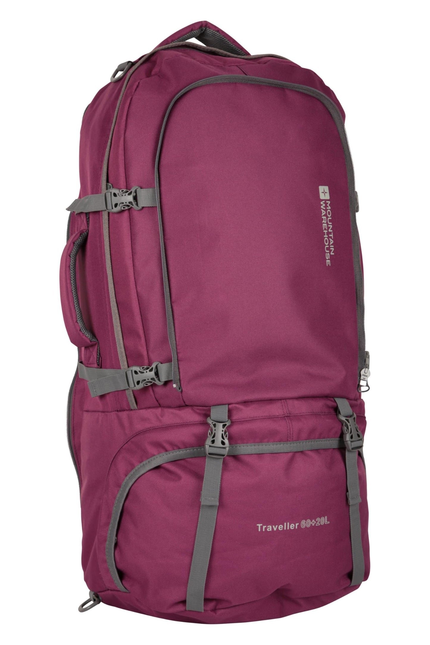 Mountain Warehouse Purple Traveller 60 + 20L Rucksack - with Rain Cover, Detachable Daypack, Adjustable Back Support - Great for Camping, Hiking