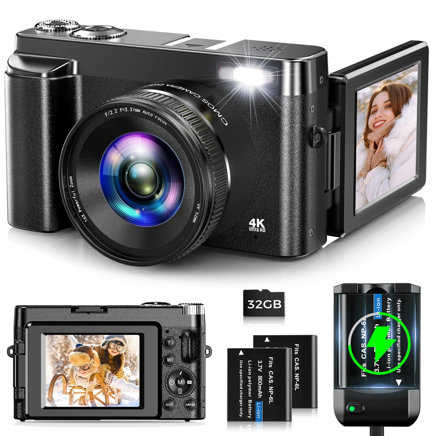 Digital Camera,Oiadek 4K 48MP Autofocus Vlogging Camera with 32G Memory Card 16X Digital Zoom,Compact Digital Camera with 3.0 inch 180° Flip Screen and Battery charger for Teenagers, Beginners,Adults
