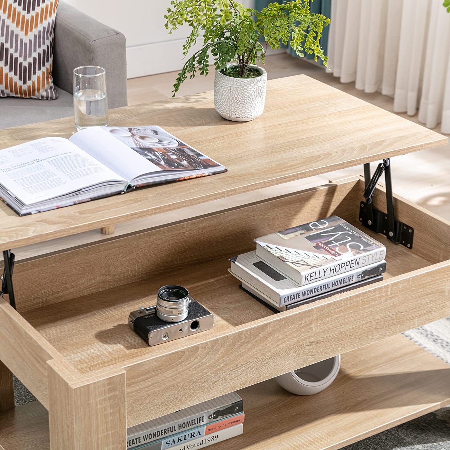 Blisswood Coffee Table With Storage, Lift Up Coffee Tables for Living Room, Wooden Coffee Table With 1 Shelf Large Hidden Storage Modern Rectangular Sofa End Lift-Top Tea Table Furniture (Oak)
