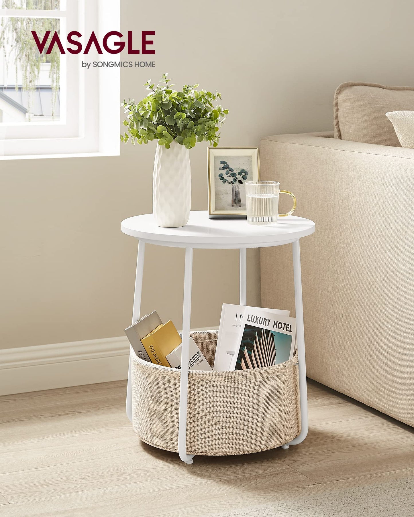 VASAGLE Side Table, Round End Table with Fabric Basket, Spacious, for Living Room Bedroom, Bedside Table, Modern Style, White and Beige LET223W10