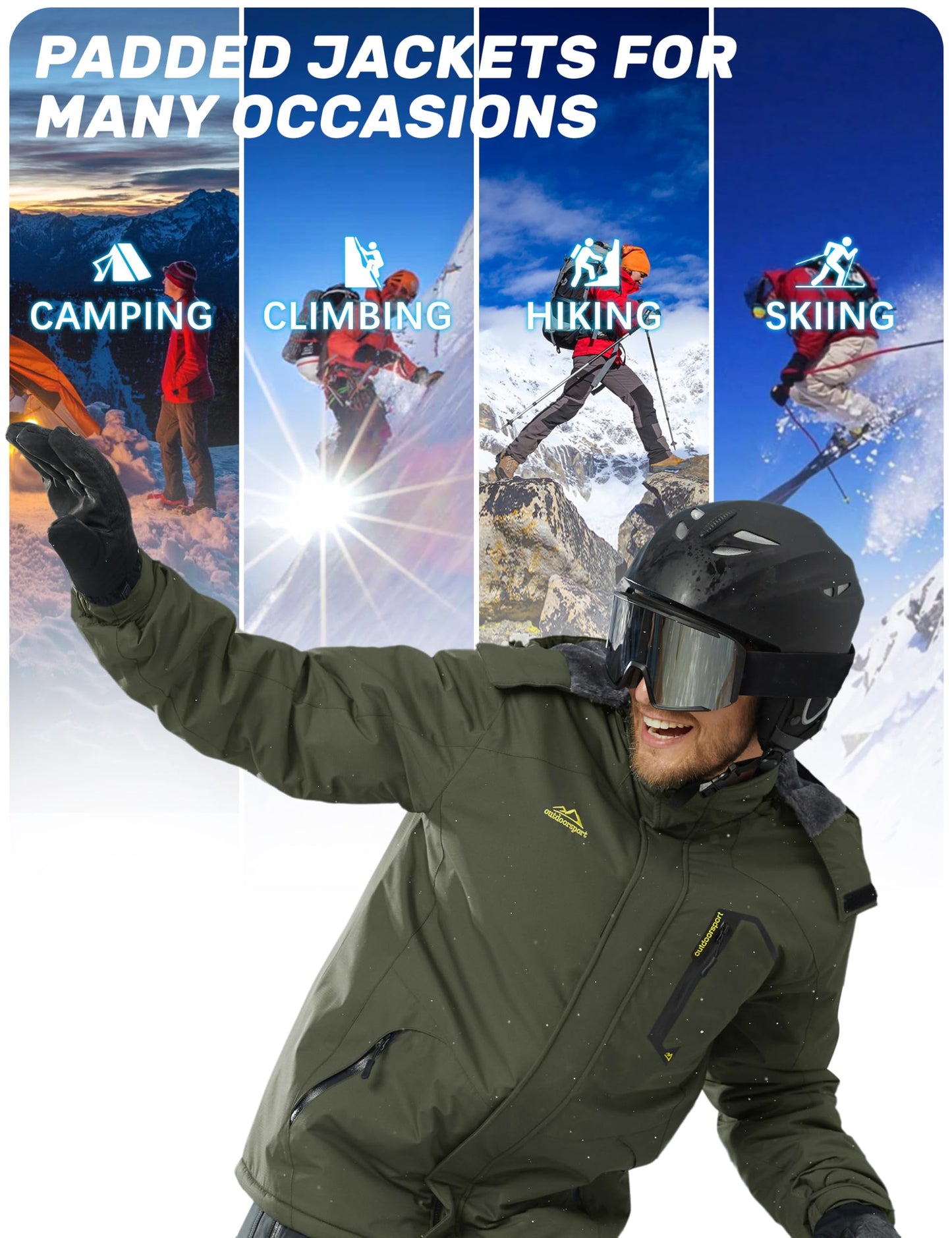 TACVASEN Ski Jacket Mens Black Winter Jacket Cotton Fleece Warm Jacket Skiing Waterproof Mountain Snow Parka Army Green