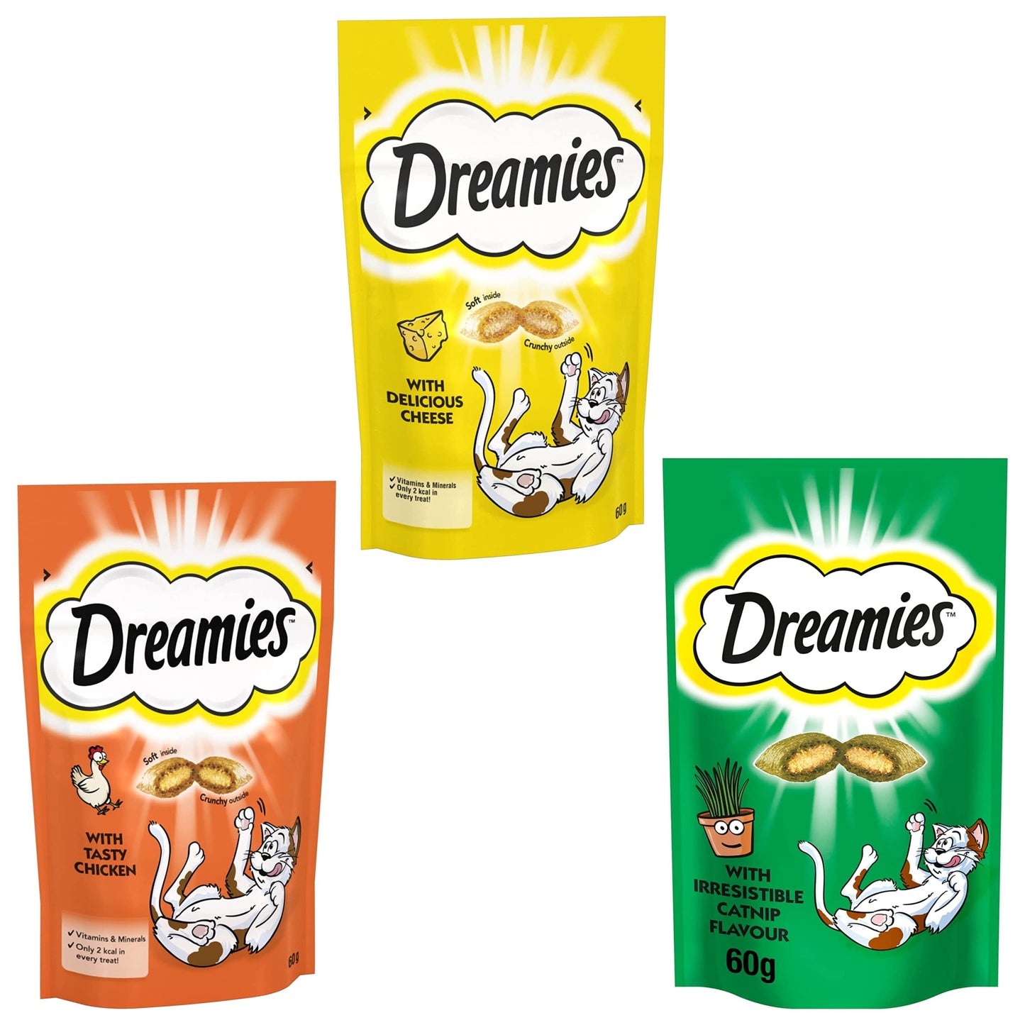 Dreamies Cat Treats Bundle of Tasty Snacks with Scrumptious Chicken, Cheese & Catnip Flavours | Cat Biscuits | Cat Treats for Indoor | Kitten Treats | No Artificial Colours | 60g