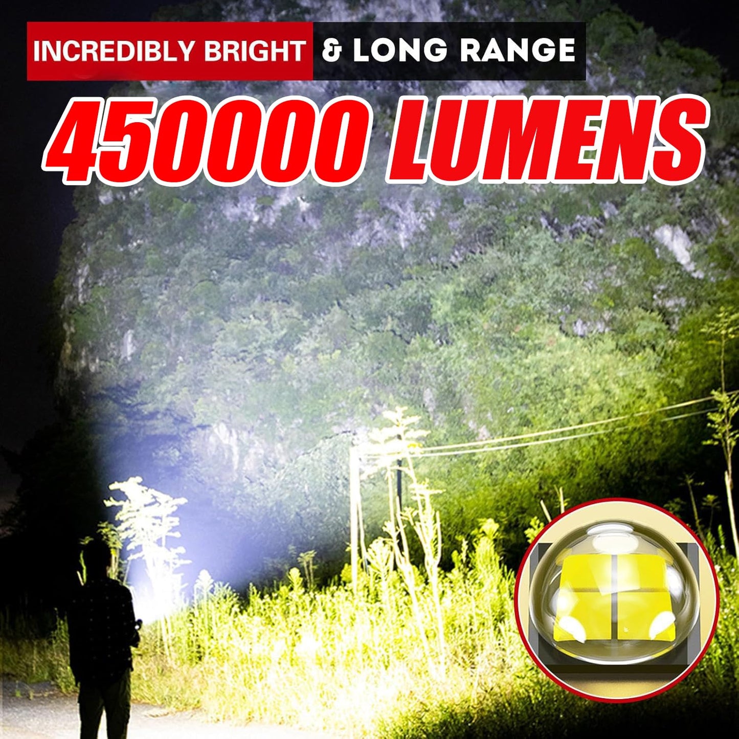 Torches LED Super Bright, Rechargeable P70 450000 Lumens Powerful Military Tactical Flashlight Rechargeable Battery Torch for Dog Walking Hiking