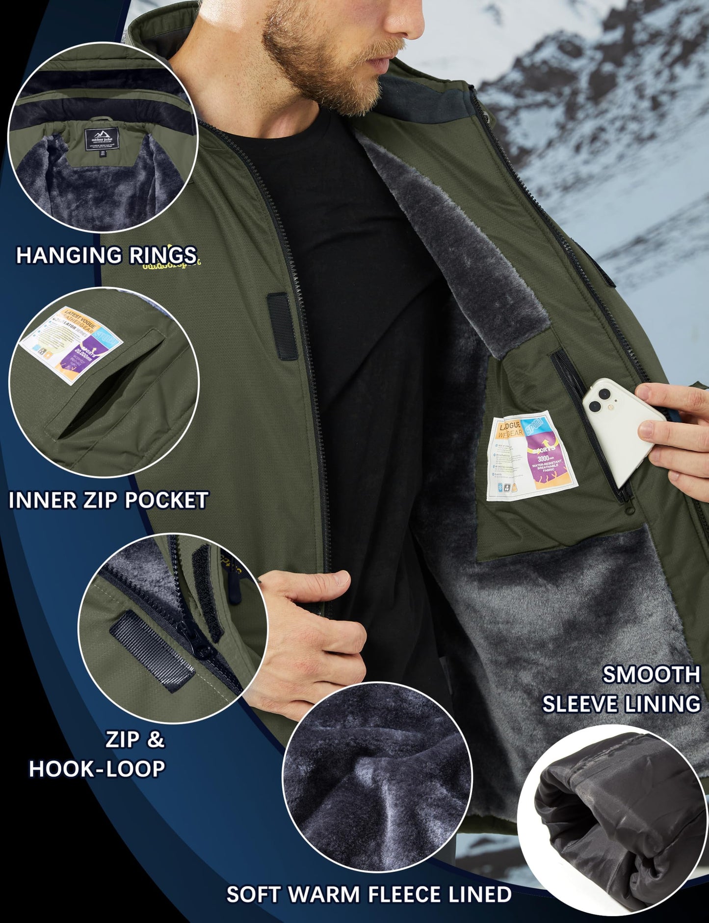TACVASEN Ski Jacket Mens Black Winter Jacket Cotton Fleece Warm Jacket Skiing Waterproof Mountain Snow Parka Army Green