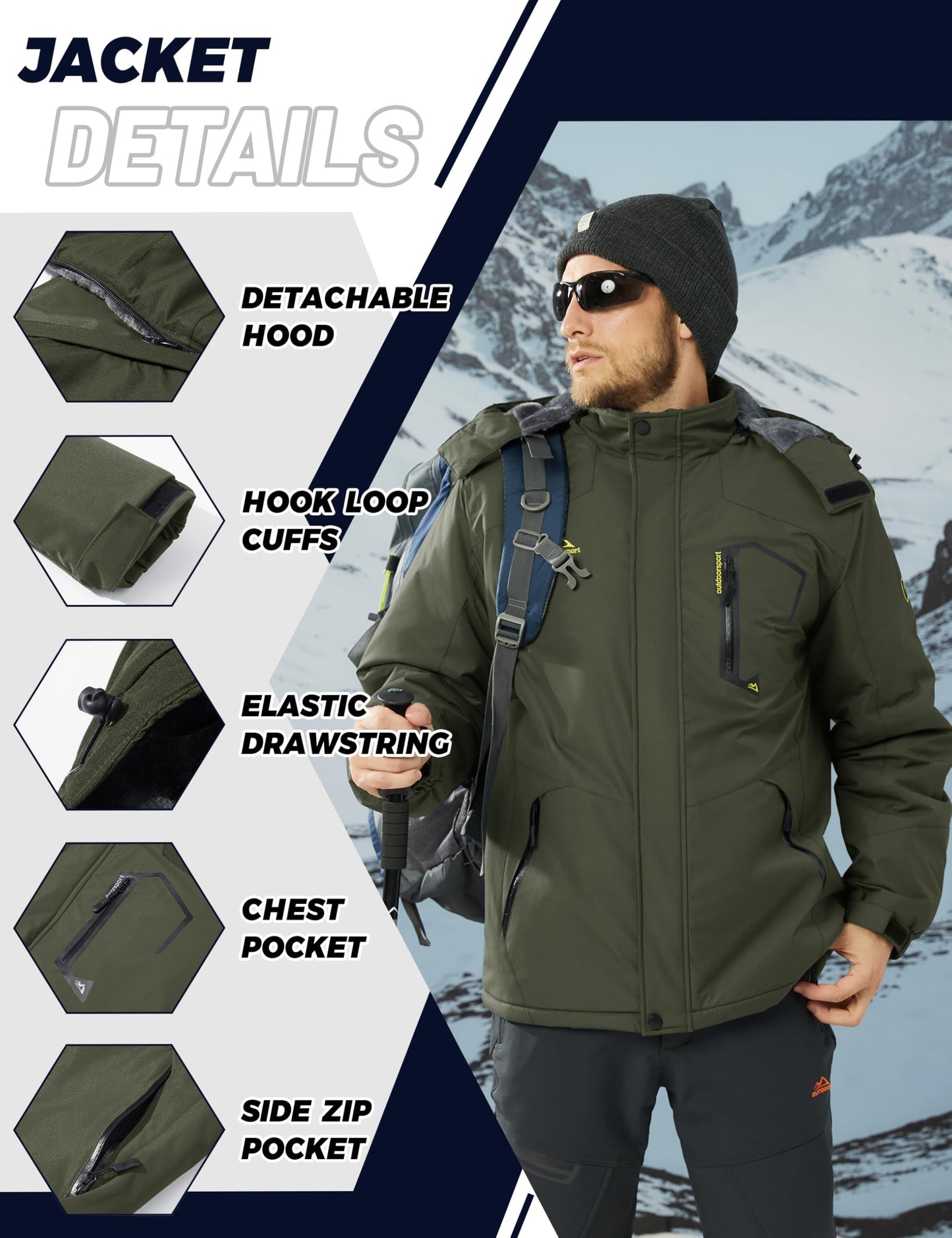 TACVASEN Ski Jacket Mens Black Winter Jacket Cotton Fleece Warm Jacket Skiing Waterproof Mountain Snow Parka Army Green