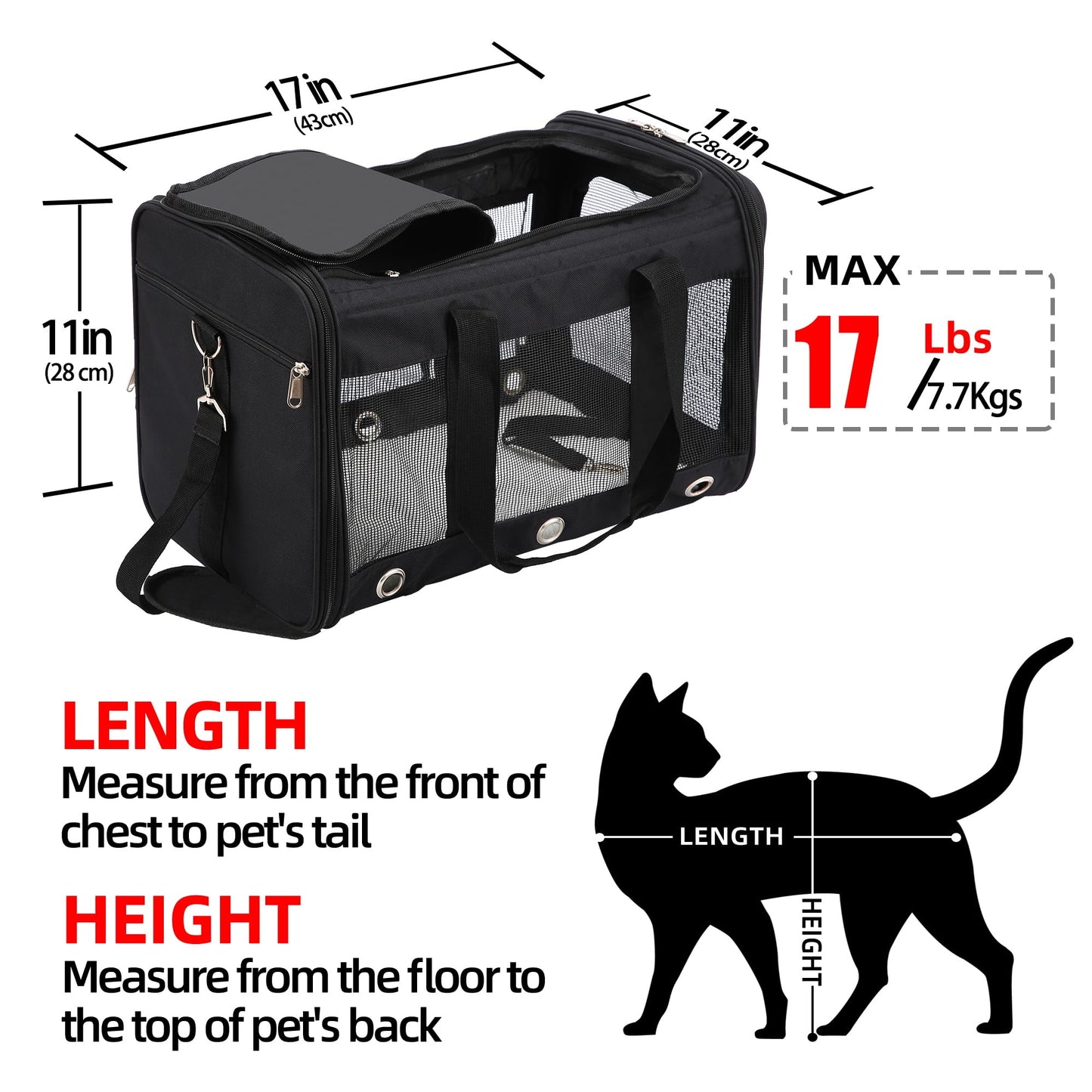 Soft Sided Foldable Pet Carrier Bag, With Shoulder Strap & Removable Mat, Durable Cat Basket of 17 lbs Airline Approved - Black, M