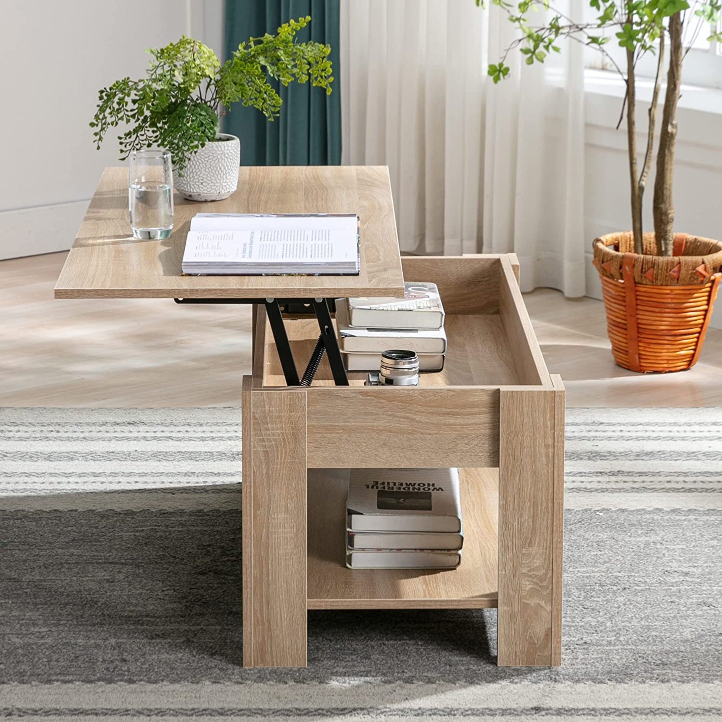 Blisswood Coffee Table With Storage, Lift Up Coffee Tables for Living Room, Wooden Coffee Table With 1 Shelf Large Hidden Storage Modern Rectangular Sofa End Lift-Top Tea Table Furniture (Oak)