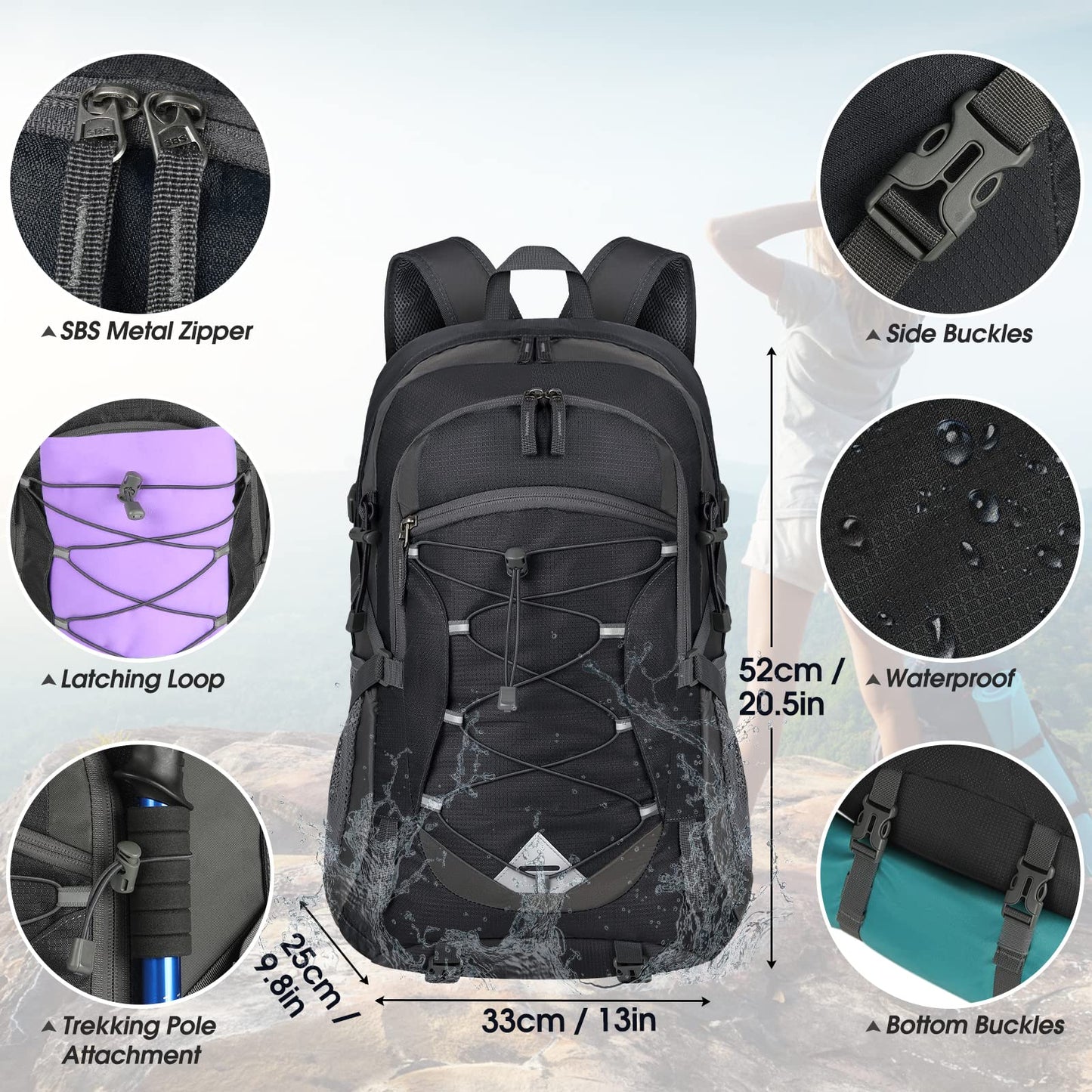 IGOLUMON Hiking Backpack 40L Lightweight Foldable Backpack for Men Women Water Resistant Daypack Rucksack for Camping Cycling Climbing Walking Outdoor Sports,Black