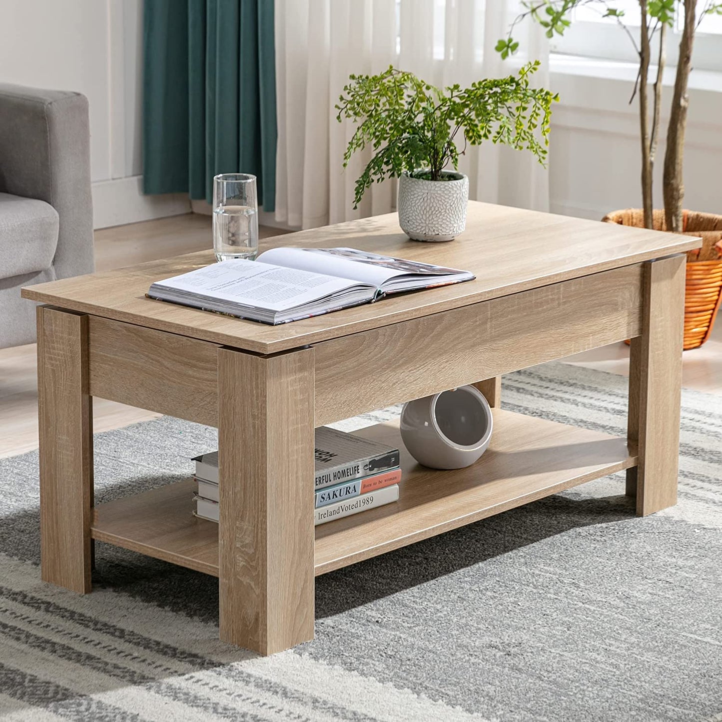 Blisswood Coffee Table With Storage, Lift Up Coffee Tables for Living Room, Wooden Coffee Table With 1 Shelf Large Hidden Storage Modern Rectangular Sofa End Lift-Top Tea Table Furniture (Oak)