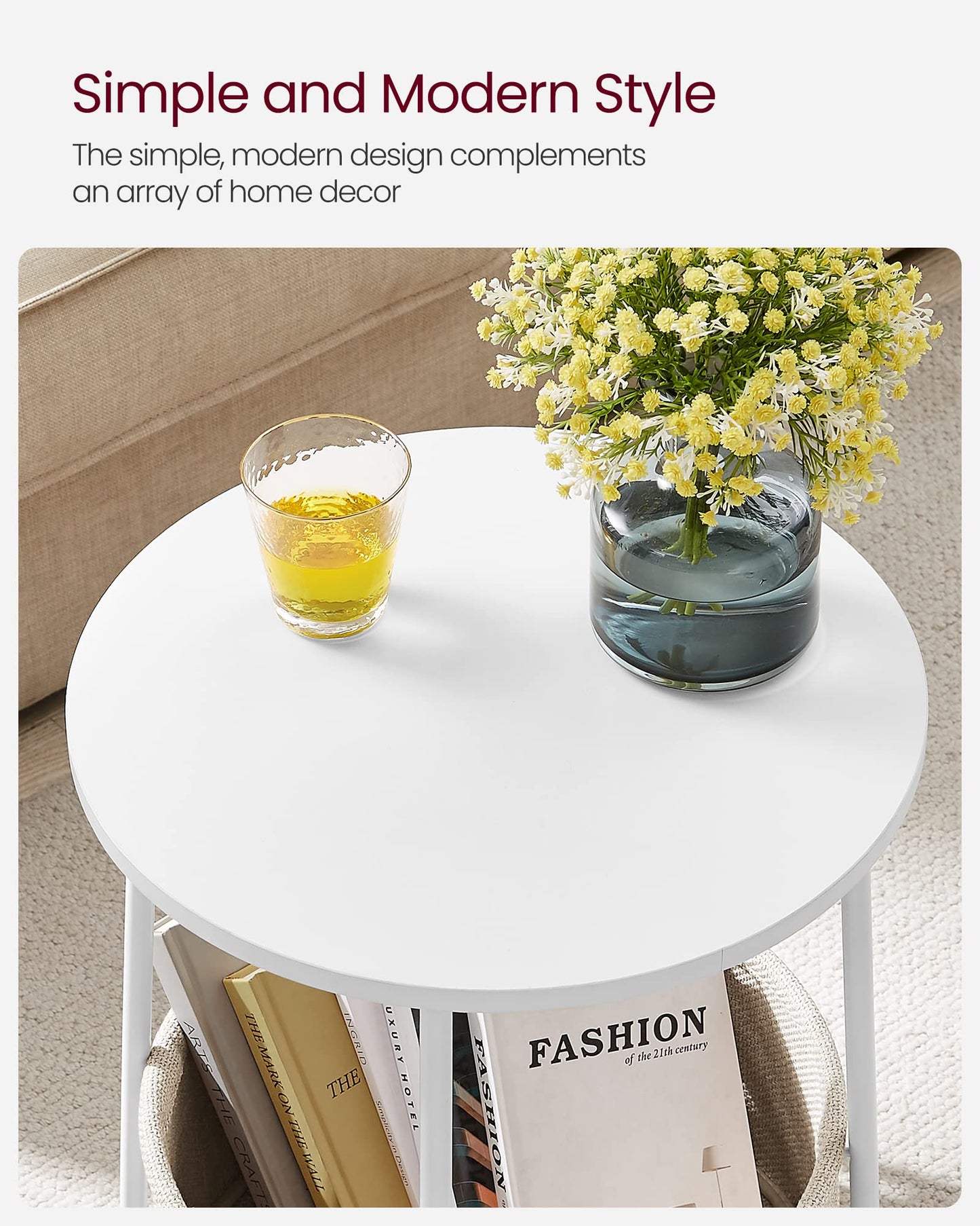 VASAGLE Side Table, Round End Table with Fabric Basket, Spacious, for Living Room Bedroom, Bedside Table, Modern Style, White and Beige LET223W10