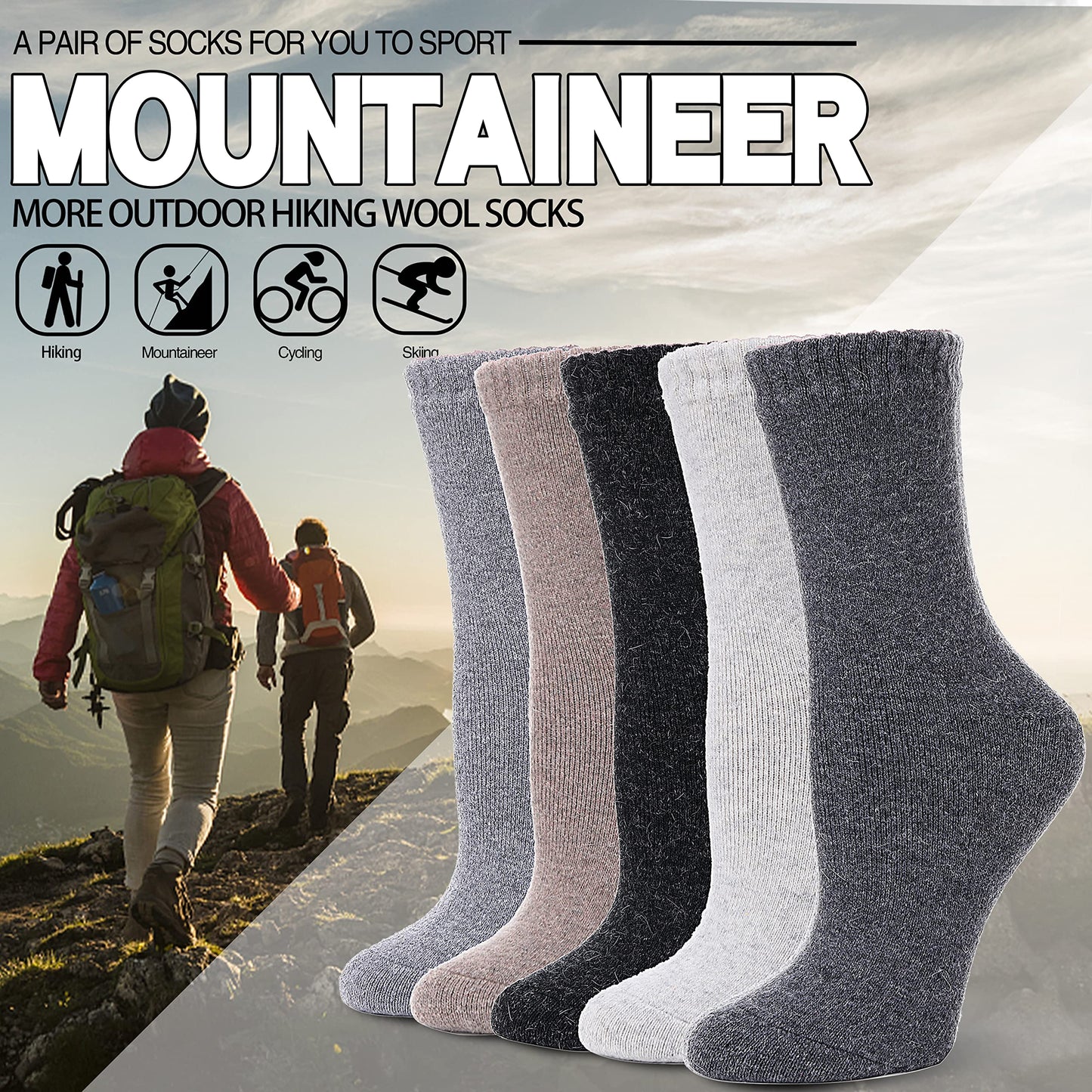 Womens Merino Wool Thermal Thick Warm Winter Walking Work Hiking Socks, 5 Pairs(Mix Colour)