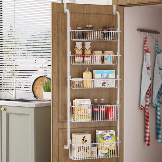 5-Tier over door spice rack, hanging door storage, Pantry Organizer Metal Hanging Kitchen Spice Rack Can Organizer(white)