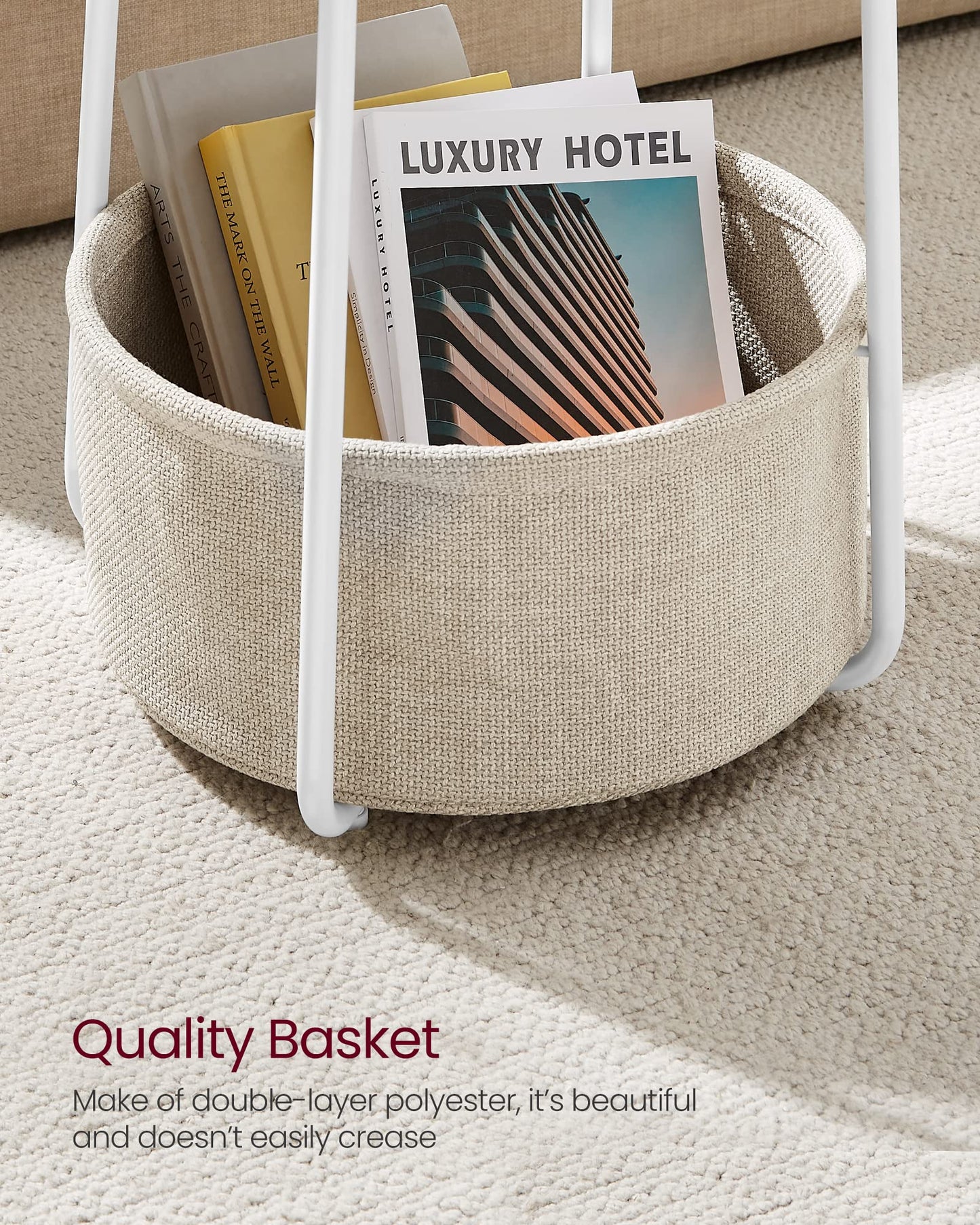 VASAGLE Side Table, Round End Table with Fabric Basket, Spacious, for Living Room Bedroom, Bedside Table, Modern Style, White and Beige LET223W10
