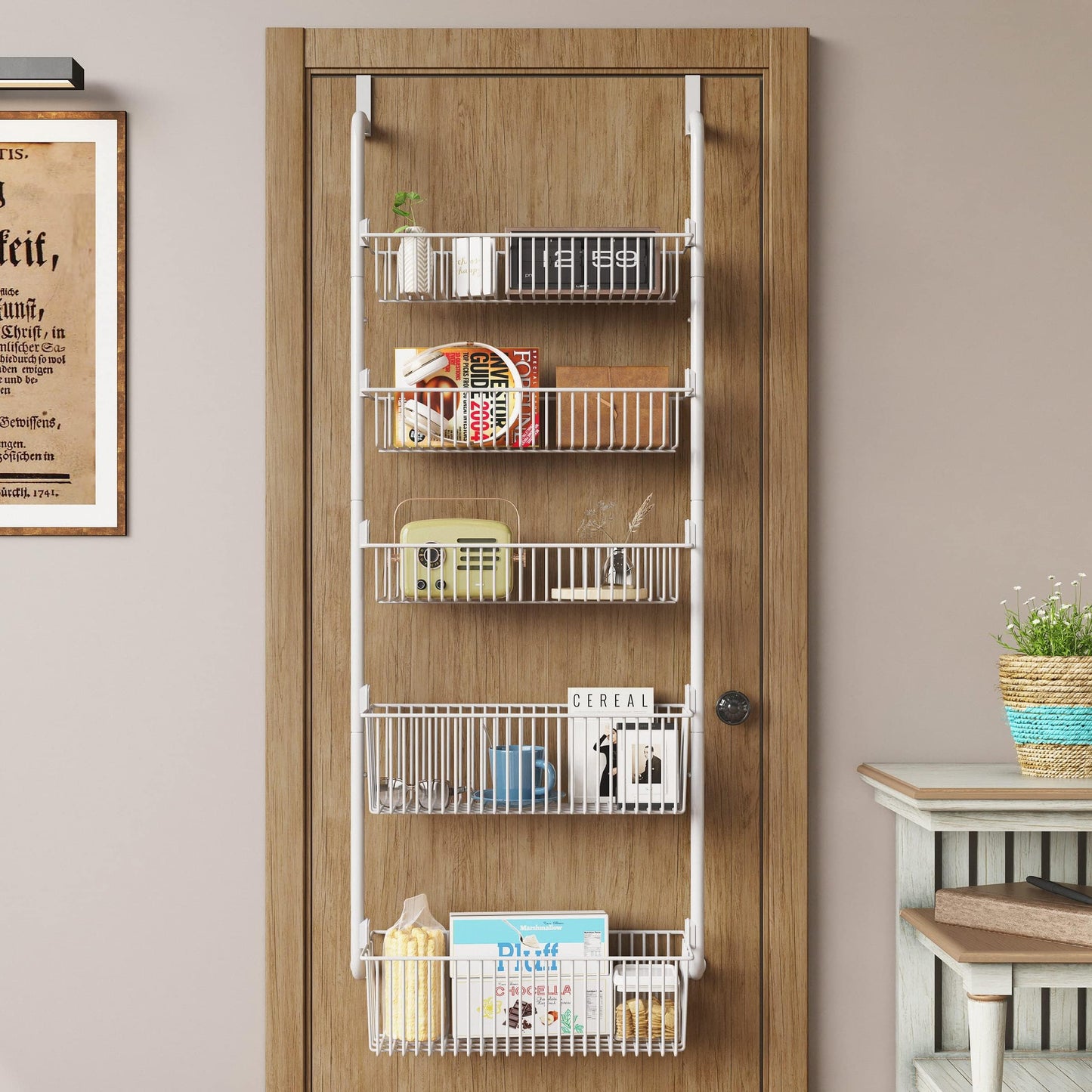 5-Tier over door spice rack, hanging door storage, Pantry Organizer Metal Hanging Kitchen Spice Rack Can Organizer(white)