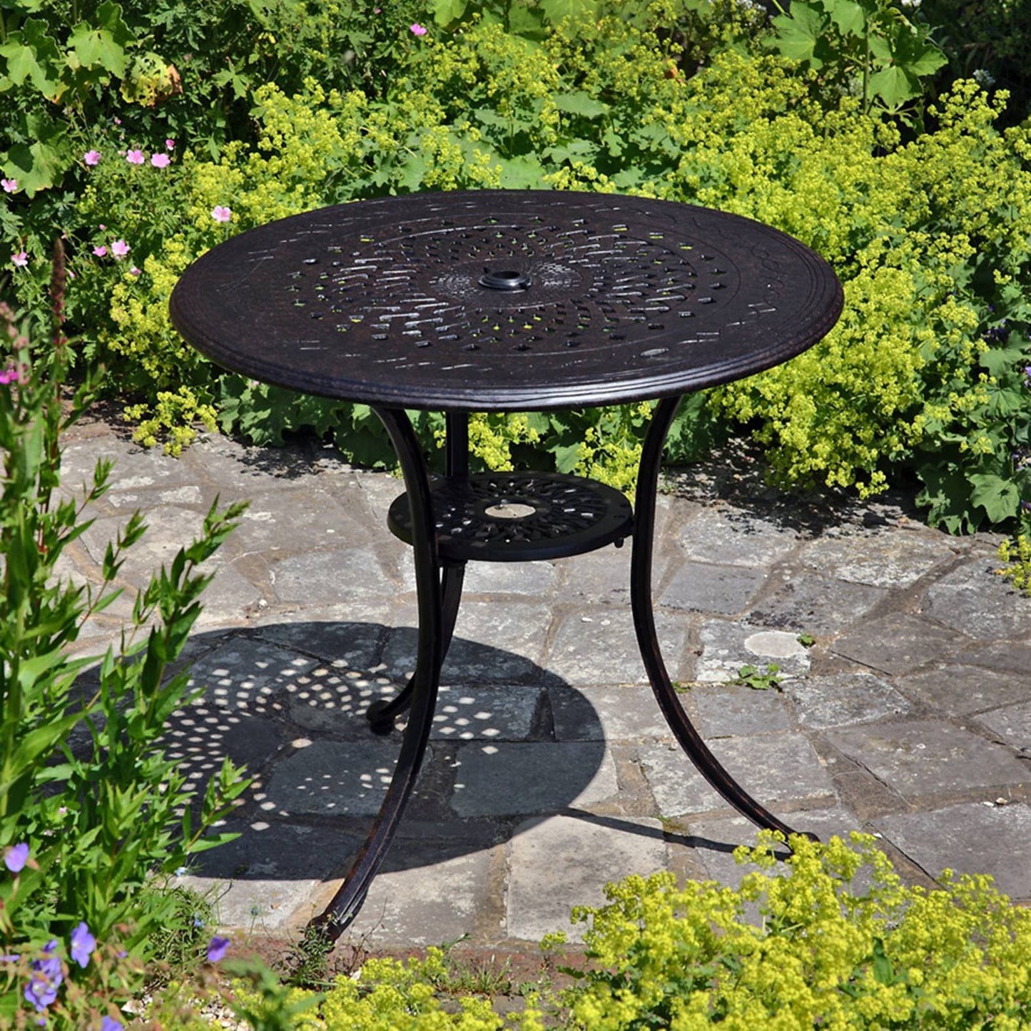 Lazy Susan Anna 4 Seater Round Garden Table, Maintenance Free, Weatherproof, Sand Cast Aluminium, Antique Bronze Finish, April Chairs, No Cushions