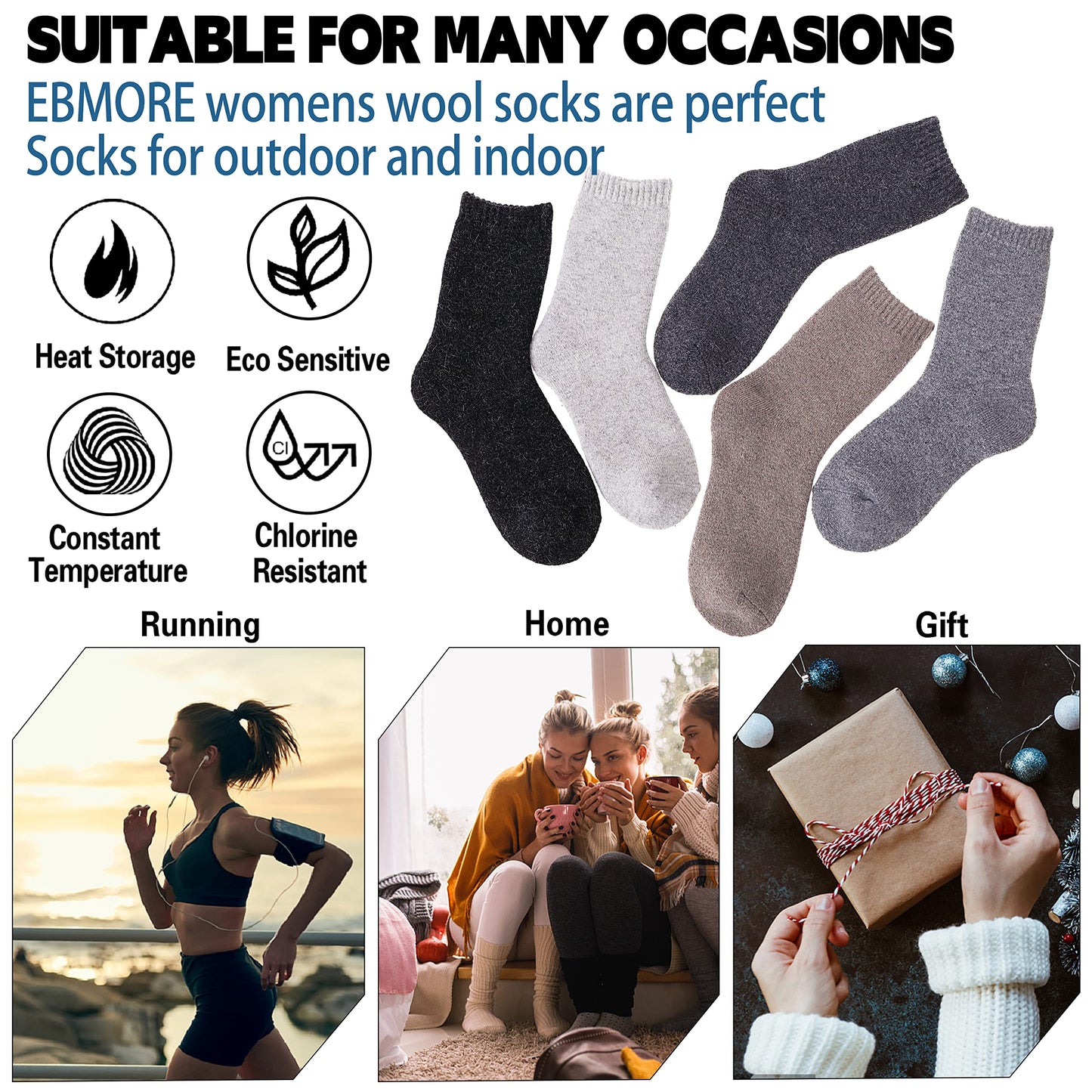 Womens Merino Wool Thermal Thick Warm Winter Walking Work Hiking Socks, 5 Pairs(Mix Colour)