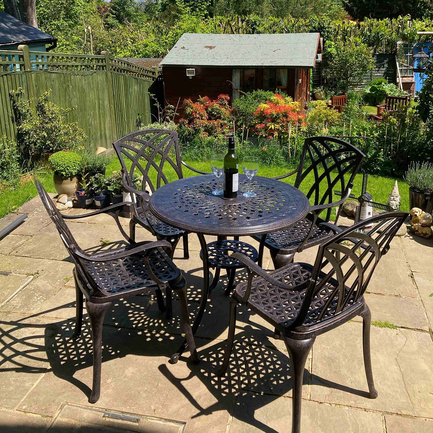 Lazy Susan Anna 4 Seater Round Garden Table, Maintenance Free, Weatherproof, Sand Cast Aluminium, Antique Bronze Finish, April Chairs, No Cushions